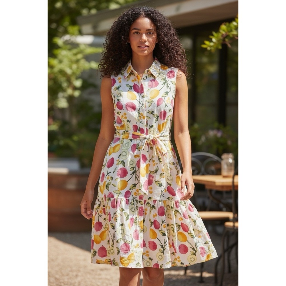 Cynthia Rowley Linen Dress Size 2 Sleeveless Button Front Fruit Print Belted